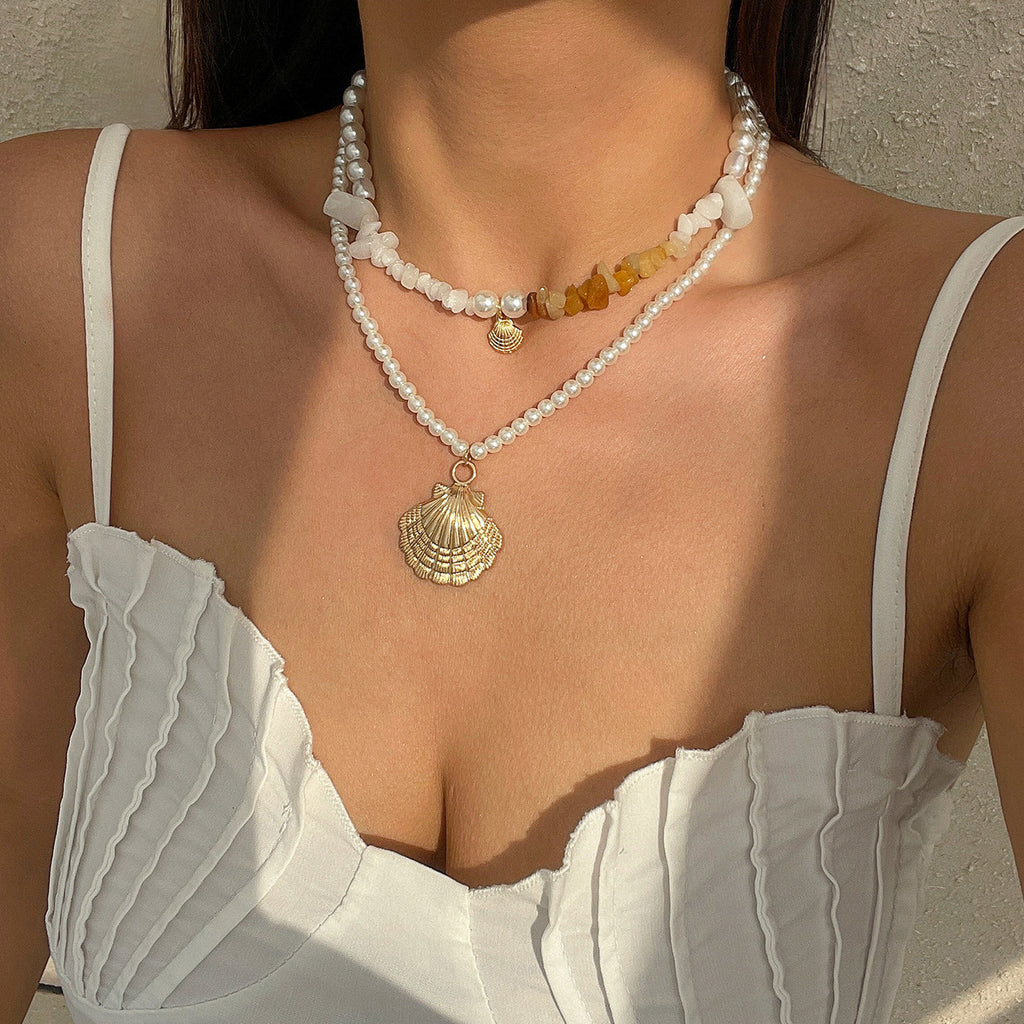 🌊 Necklace + Beaded Shell Pearl Necklace – Baroque Stone Accent