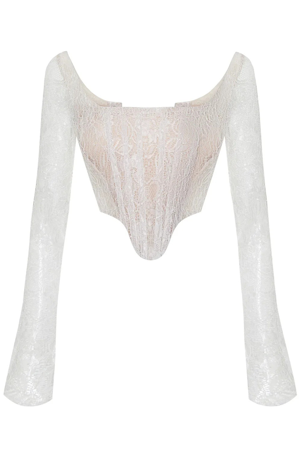 🌶 Spicy｜Boned Lace Lace-Up Sheer Mesh Deep V Long Sleeve Top
