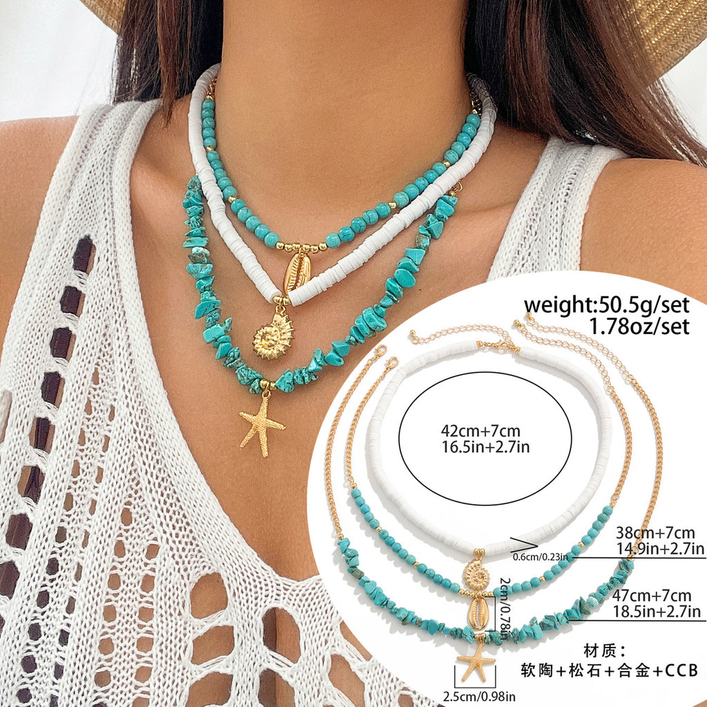 🐚 Necklace + Multi-Layer Shell & Turquoise Beaded Necklace – Ocean Vibe
