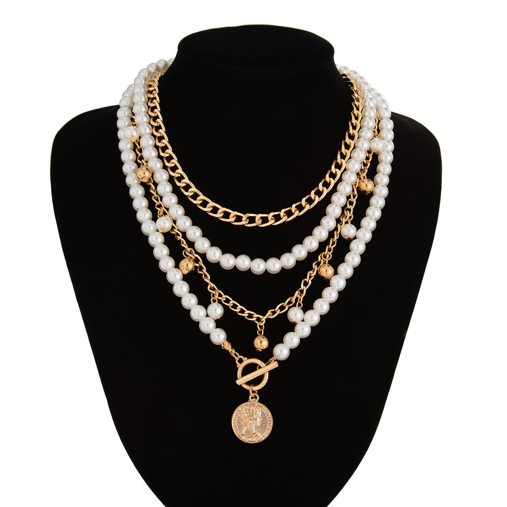 ⚪ Necklace + Elegant Pearl Beaded Necklace – Aluminum Chain Multi-Layer Look