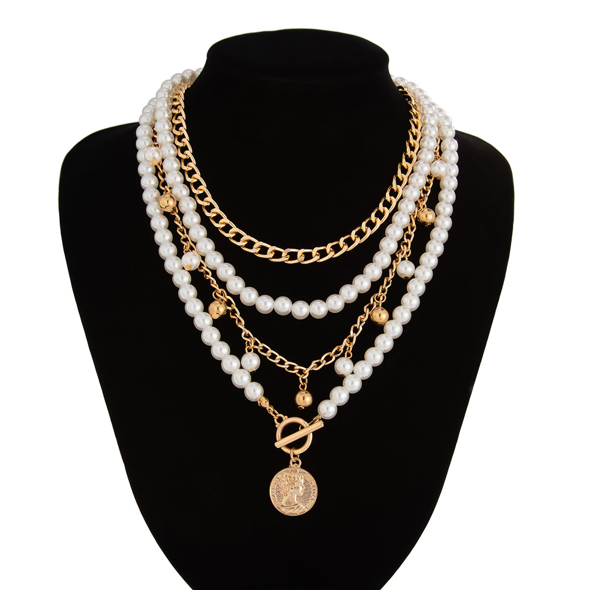 ⚪ Necklace + Elegant Pearl Beaded Necklace – Aluminum Chain Multi-Layer Look