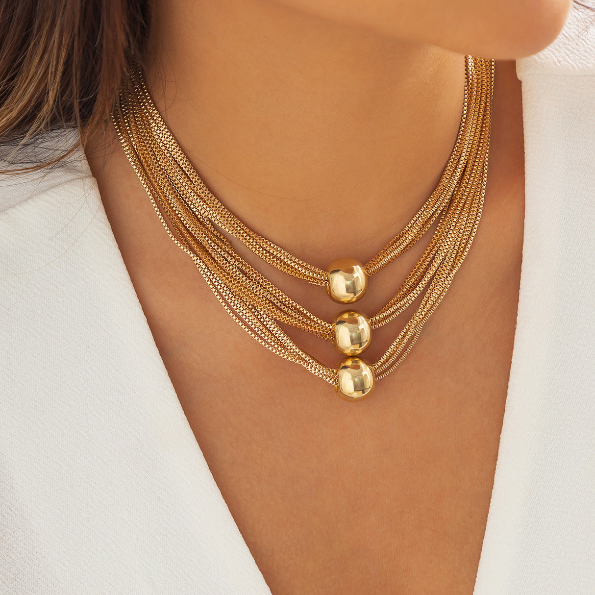 🧩 Choker + Multi-Layer Punk Chain Necklace – Geometric Round Beads