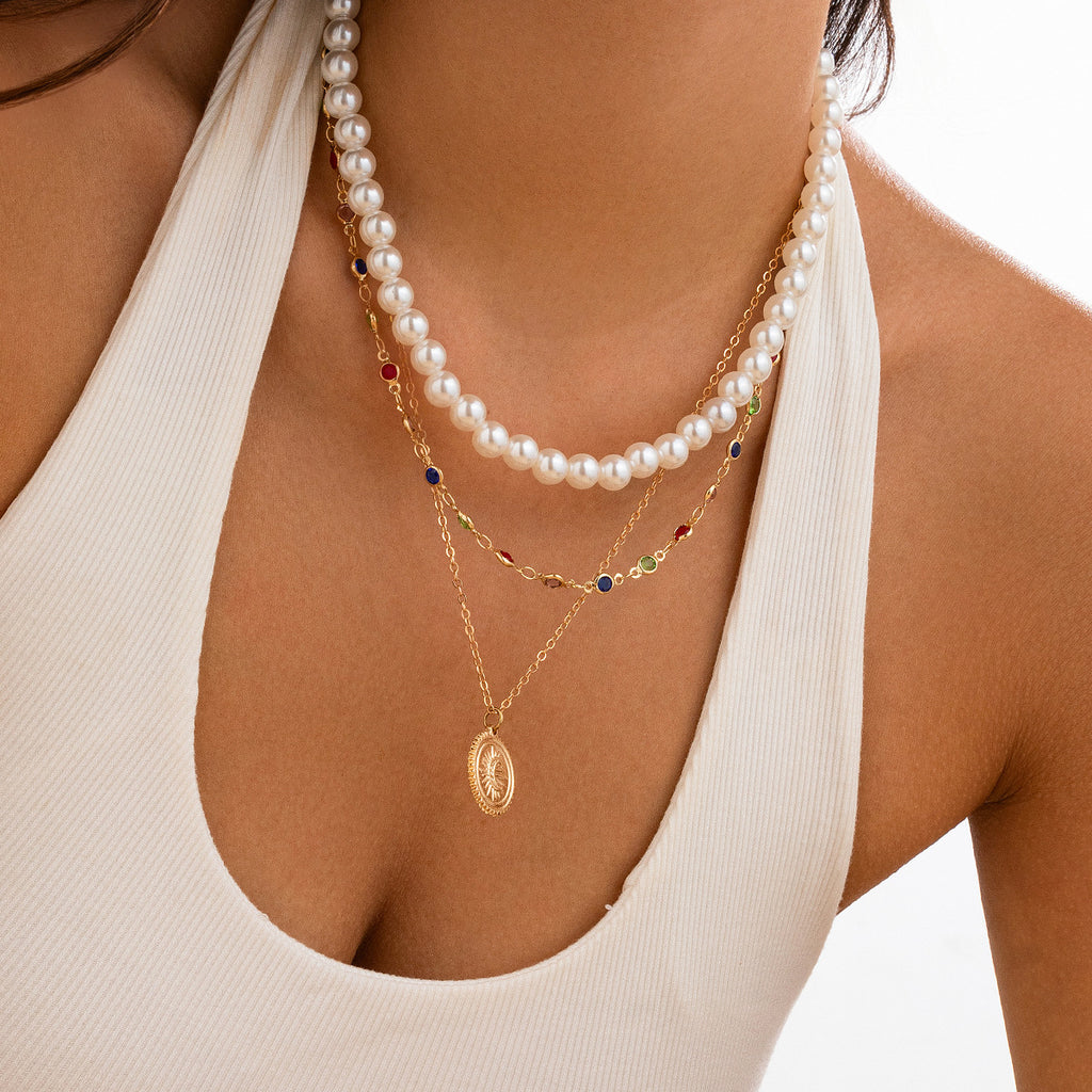 ✨ Necklace + Layered Pearl Crystal Necklace – Minimalist Disc Pendant