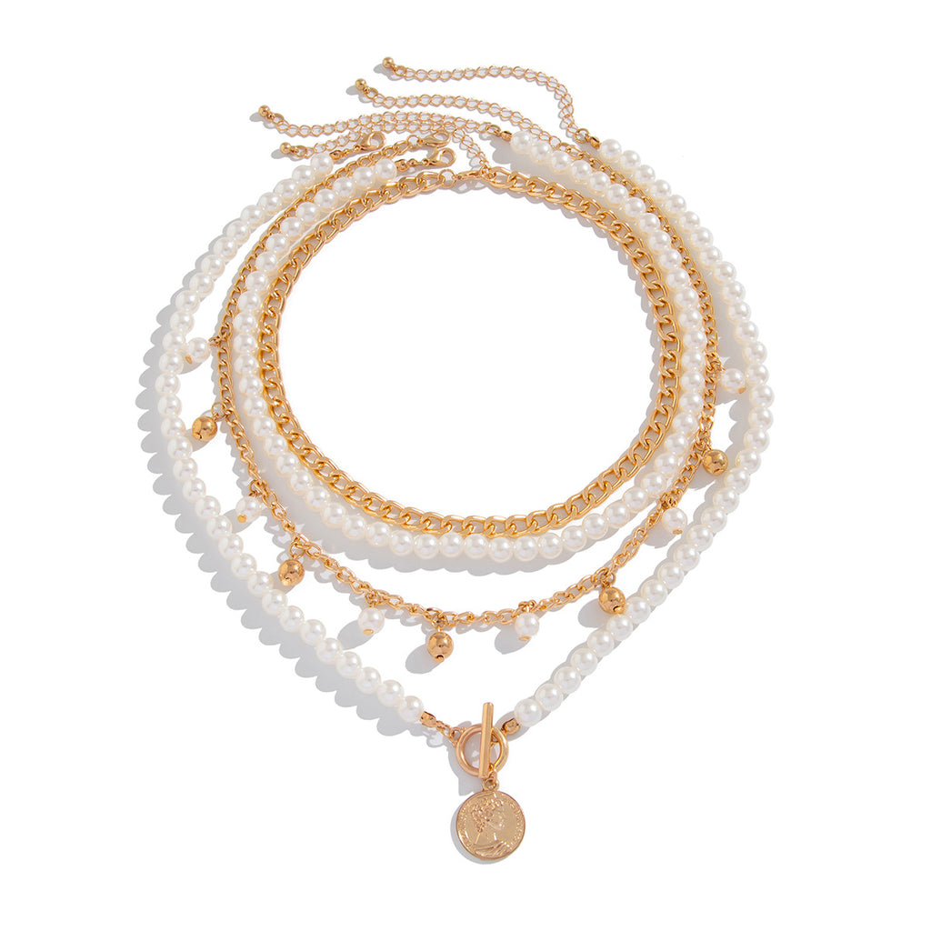 ⚪ Necklace + Elegant Pearl Beaded Necklace – Aluminum Chain Multi-Layer Look