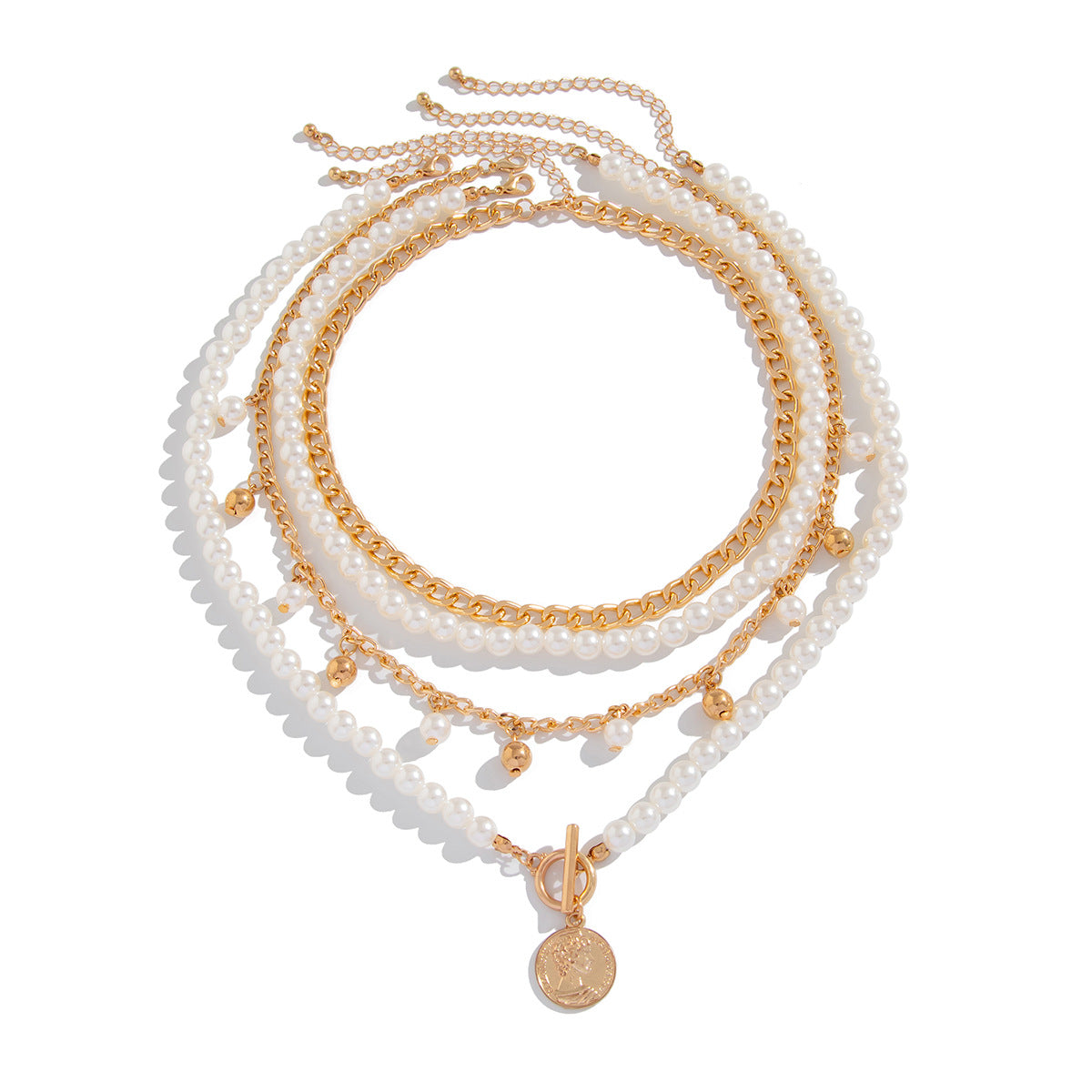 ⚪ Necklace + Elegant Pearl Beaded Necklace – Aluminum Chain Multi-Layer Look