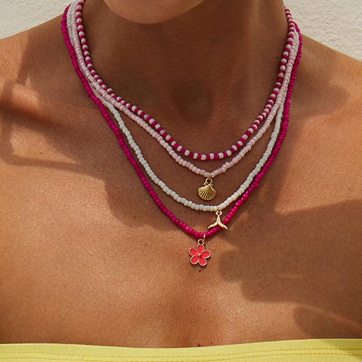 🌞 Necklace + Sunflower Multi-Layer Pearl Shell Necklace – Boho Summer