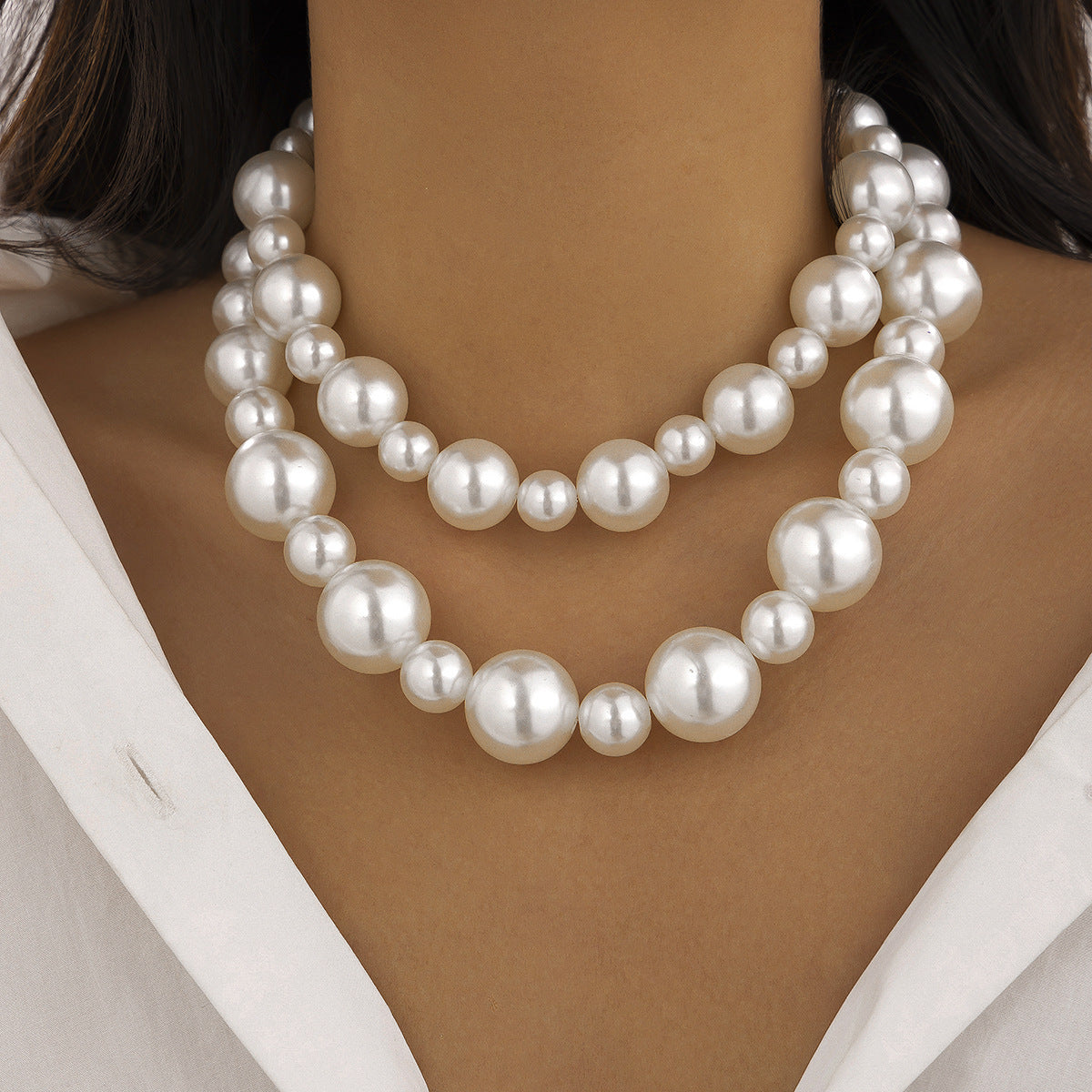 ⚪ Choker + Oversized Pearl Statement Necklace – Multi-Layer Design