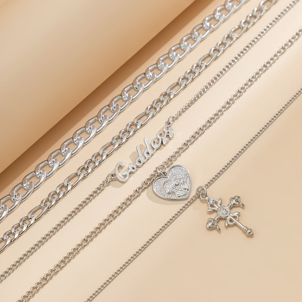 🧍 Necklace + Layered Cameo Cross Pendant – Gothic Letter Chain