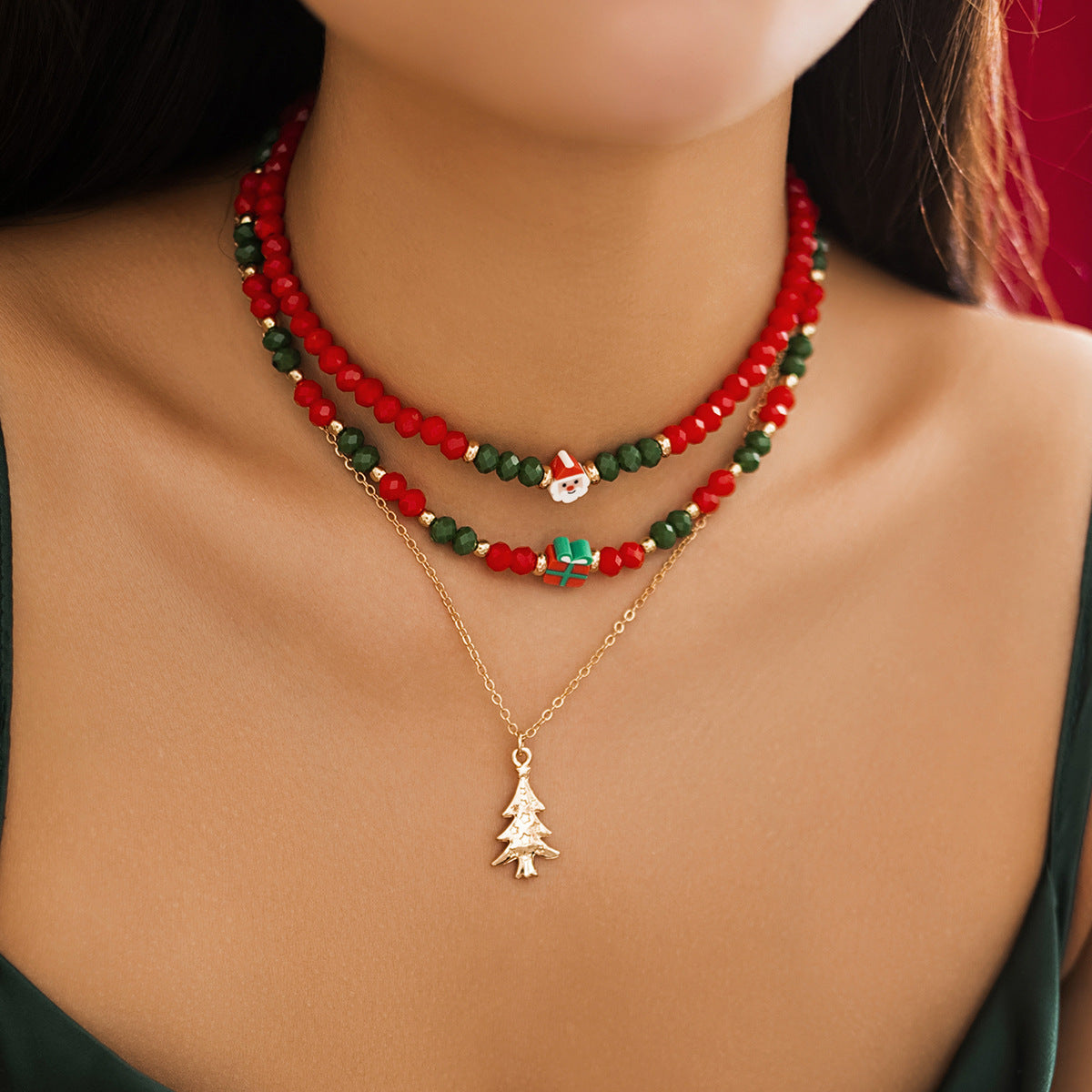 ☃️ Choker Set + Beaded Christmas Necklace With Santa Pendant (3pcs)