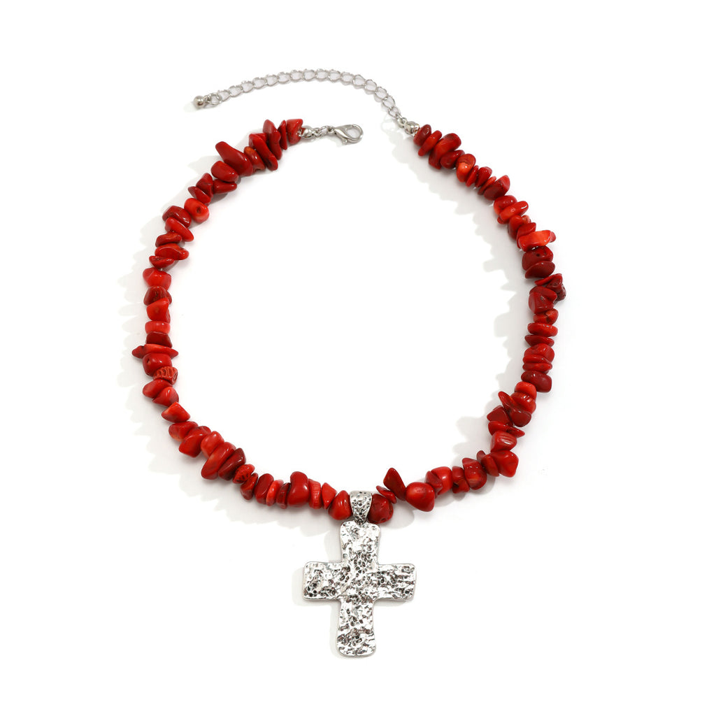 🌿 Necklace + Beaded Turquoise & Stone Cross Pendant Necklace