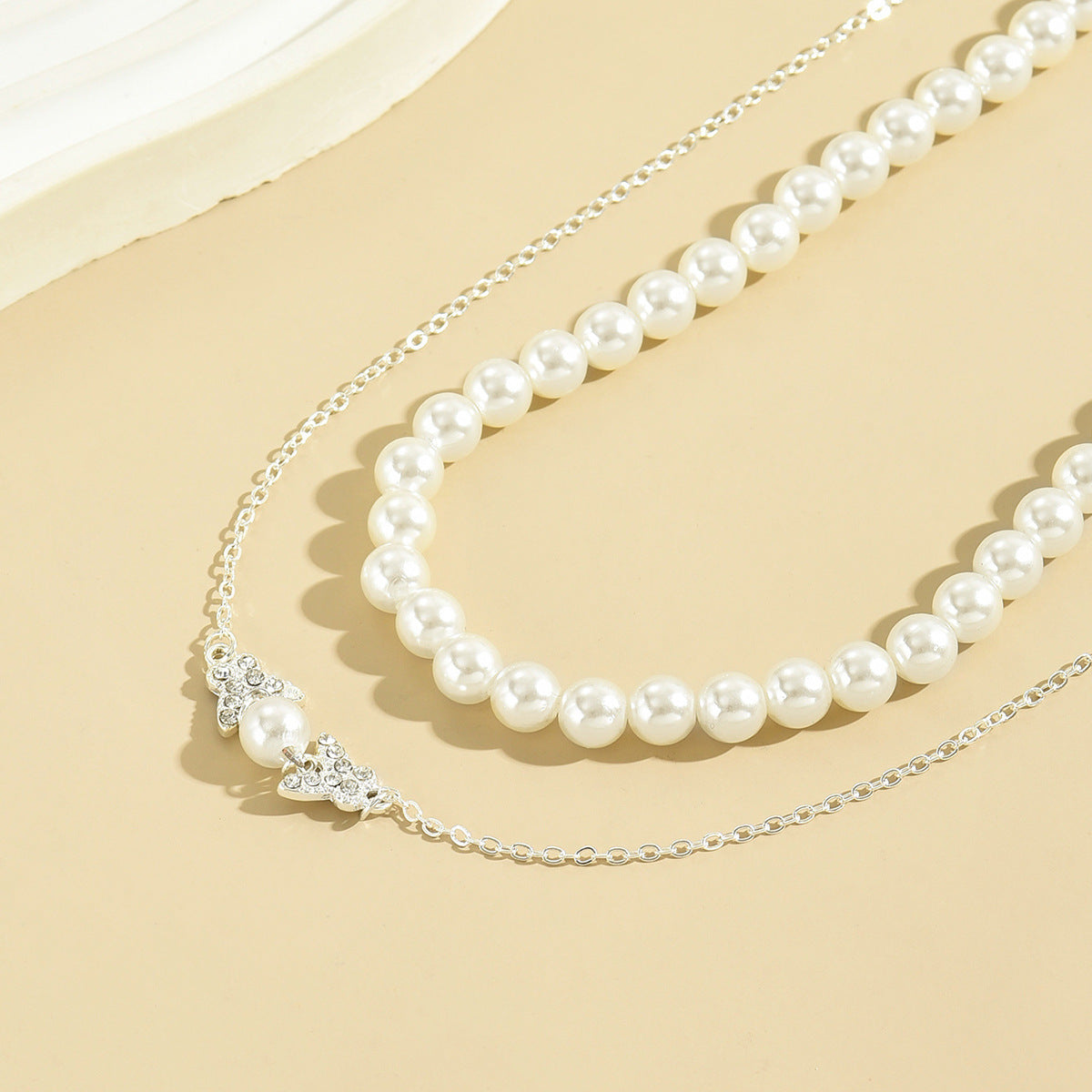 🦋 Necklace + Double-Layer Pearl Necklace With Rhinestone Butterfly Pendant