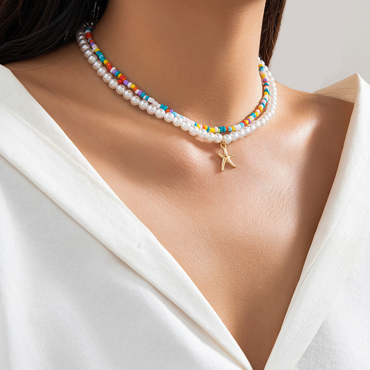 🌊 Necklace + Beaded Starfish & Shell Necklace – Coastal Beach Style