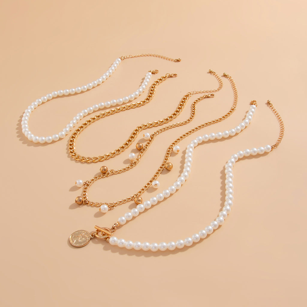 ⚪ Necklace + Elegant Pearl Beaded Necklace – Aluminum Chain Multi-Layer Look