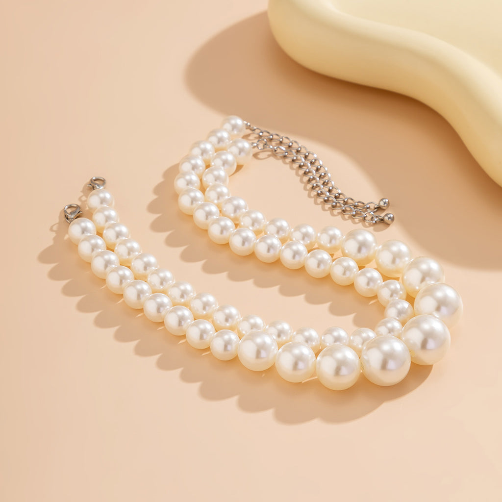 ⚪ Choker + Oversized Pearl Statement Necklace – Multi-Layer Design
