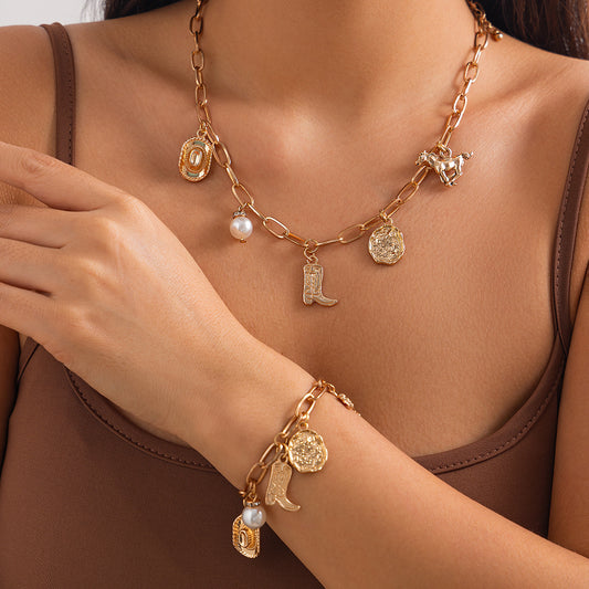 👢 Necklace + Cowboy Boot Charm & Pearl Necklace – Asymmetrical
