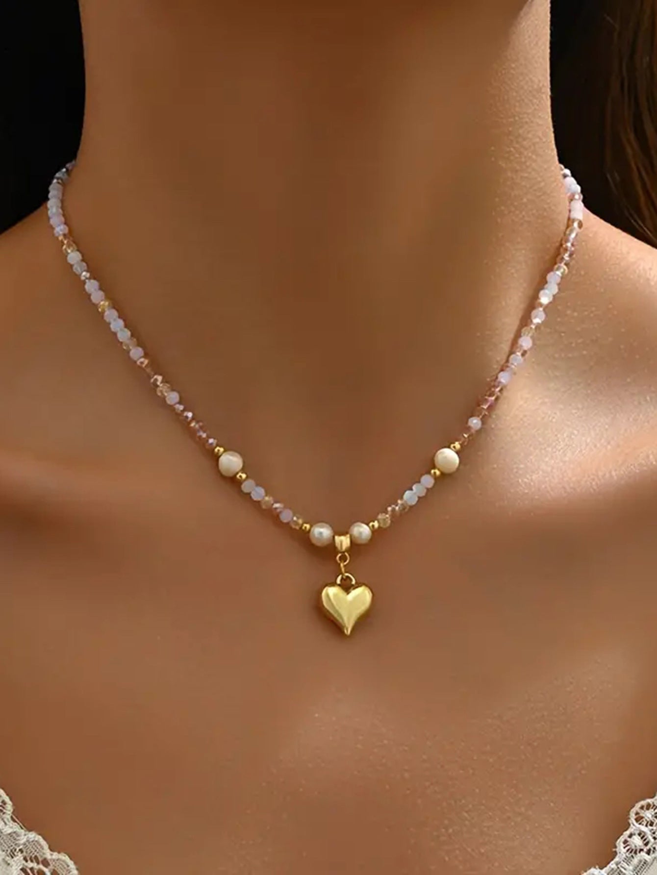 💖 Necklace + Beaded Freshwater Pearl Heart Layered Necklace