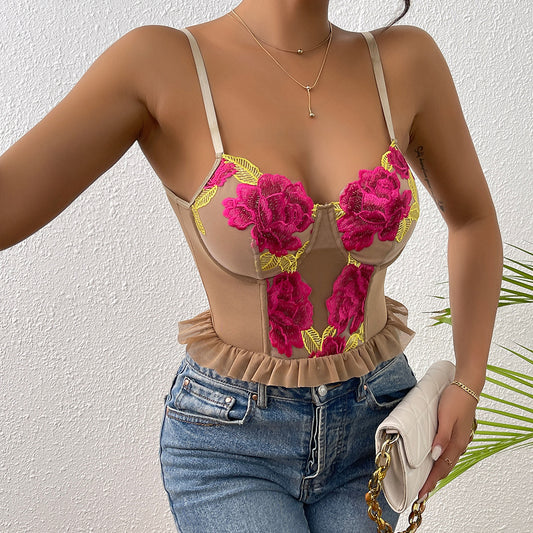 💘 Spicy | Lace Ruffle Boned Sheer Panel Crop Top
