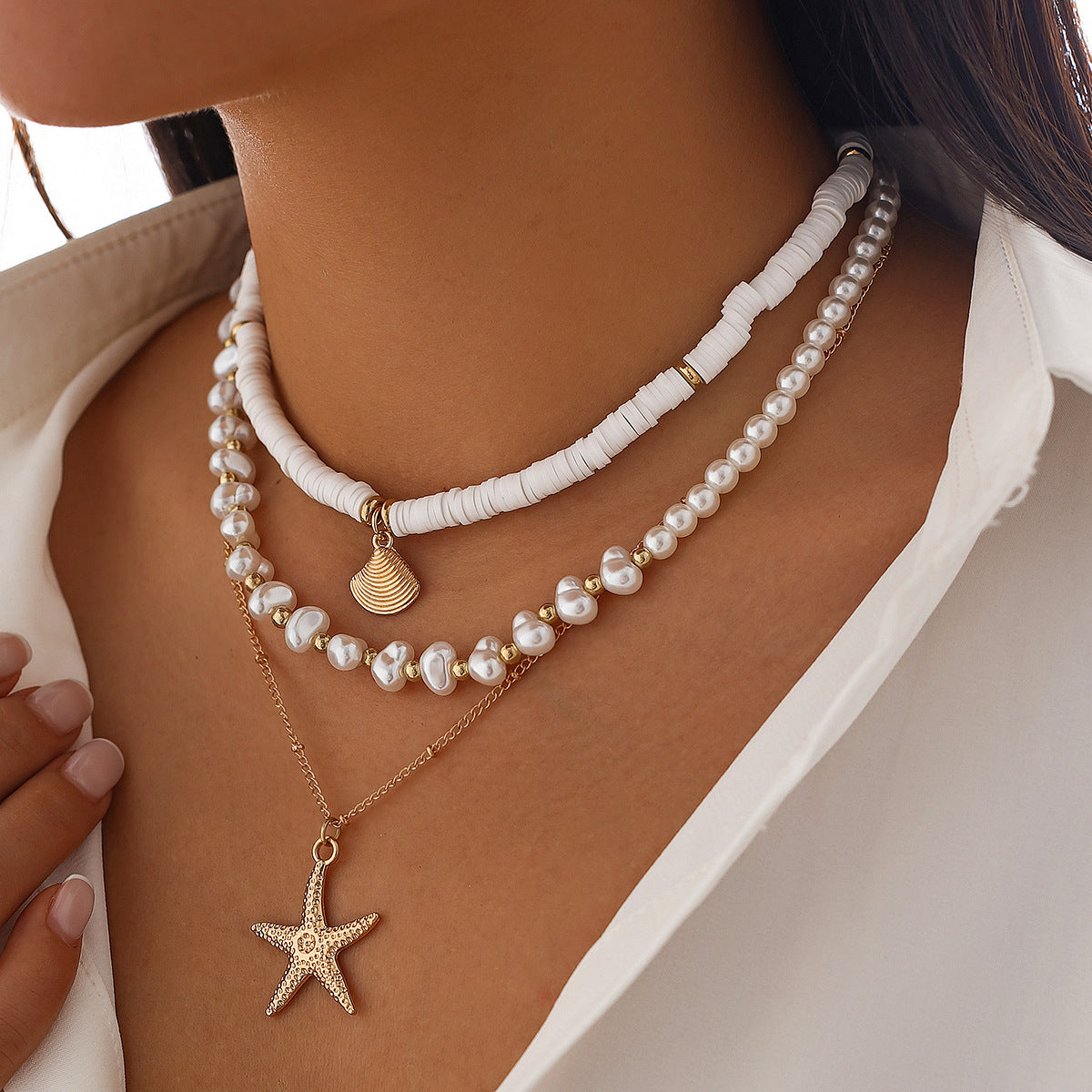 🌟 Necklace Set + Starfish Pearl Irregular Pendant Necklace – Ocean Layers