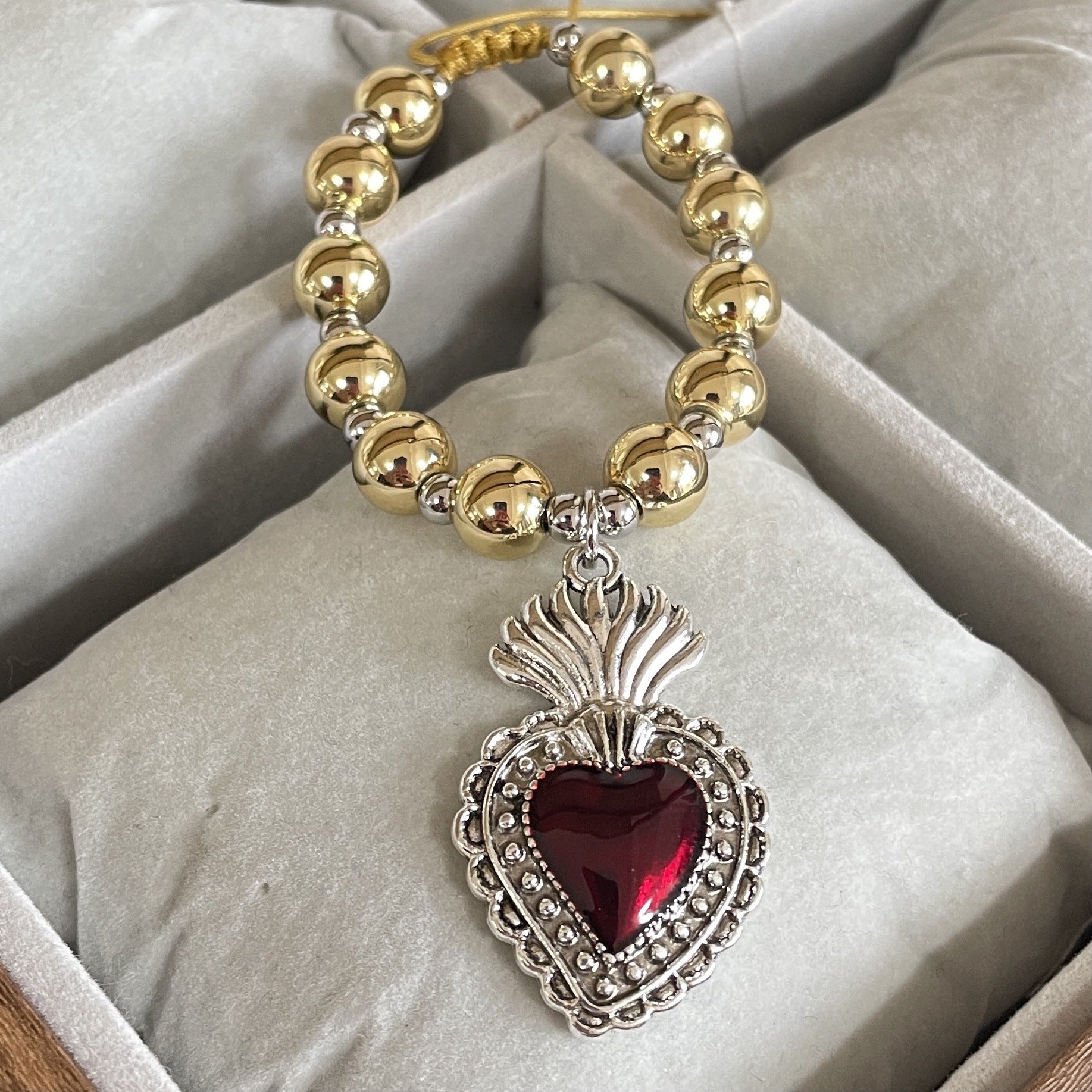 ❤️ Bracelet + Red Beaded Silver Enamel Heart Charm