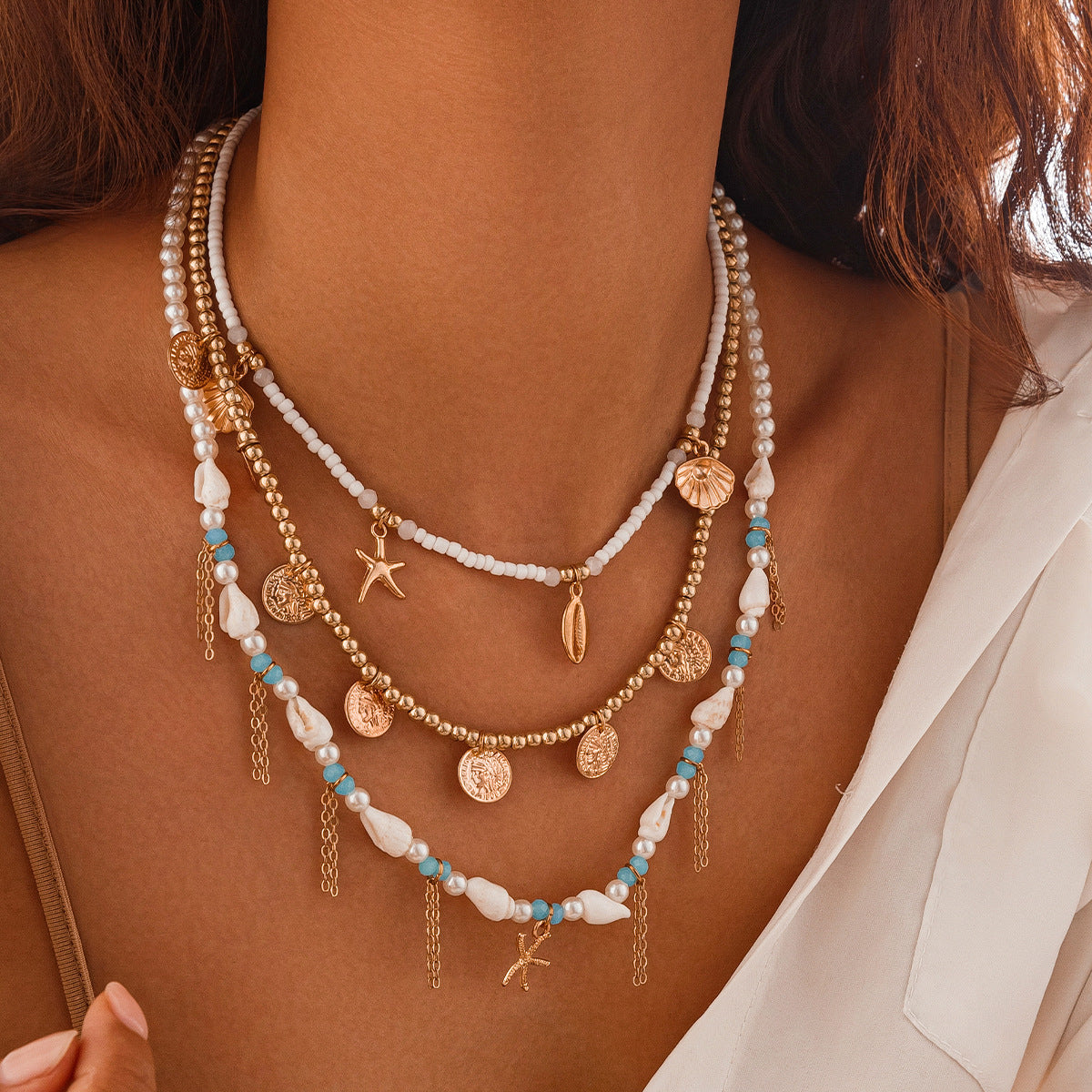 🌟 Necklace Set + Starfish Pearl Irregular Pendant Necklace – Ocean Layers