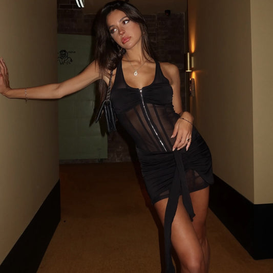 🖤 Spicy | Sheer Mesh Paneled Mini Dress