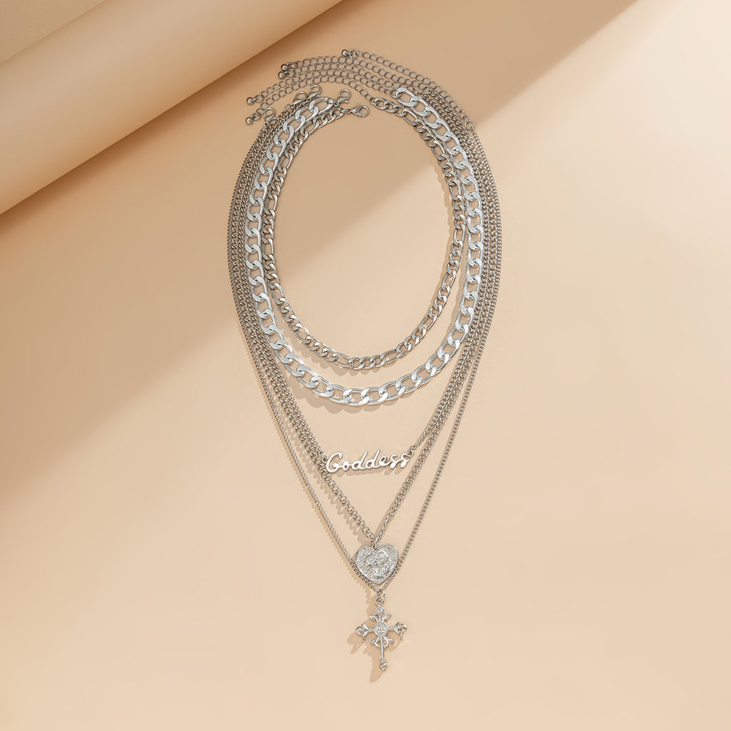 🧍 Necklace + Layered Cameo Cross Pendant – Gothic Letter Chain