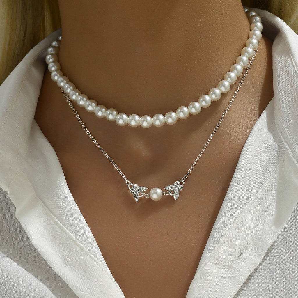 🦋 Necklace + Double-Layer Pearl Necklace With Rhinestone Butterfly Pendant