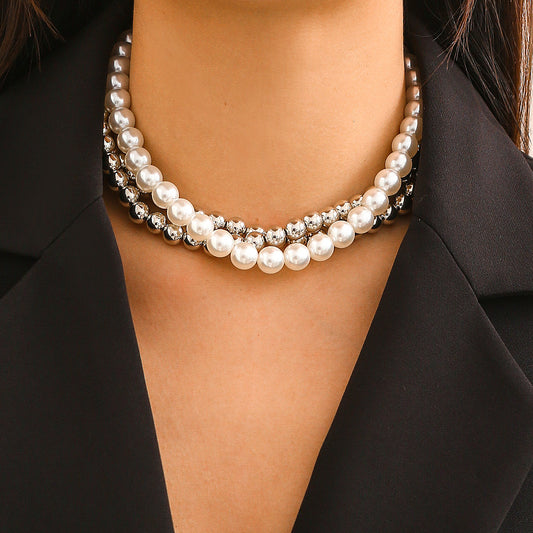 🖤 Choker + Punk Pearl Bead Geometric Statement Necklace