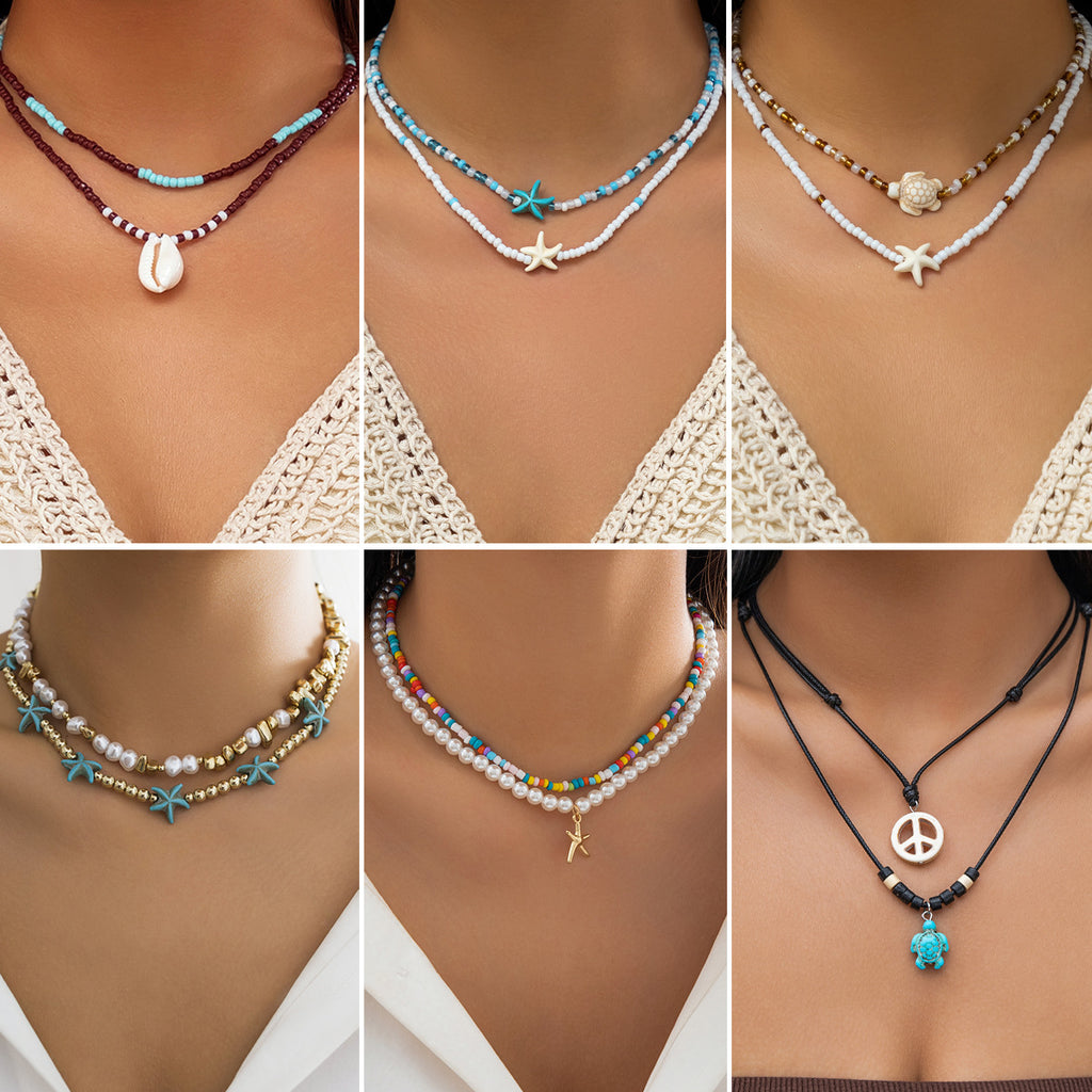 🌊 Necklace + Beaded Starfish & Shell Necklace – Coastal Beach Style