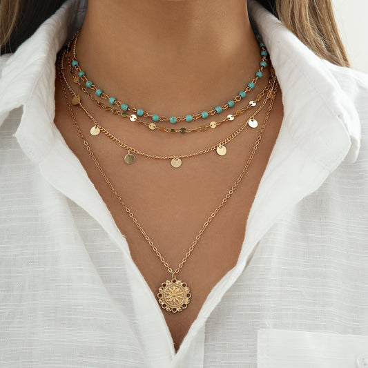 🍃 Necklace + Turquoise Bead Flower Pendant Necklace – Vintage Tassel Accents