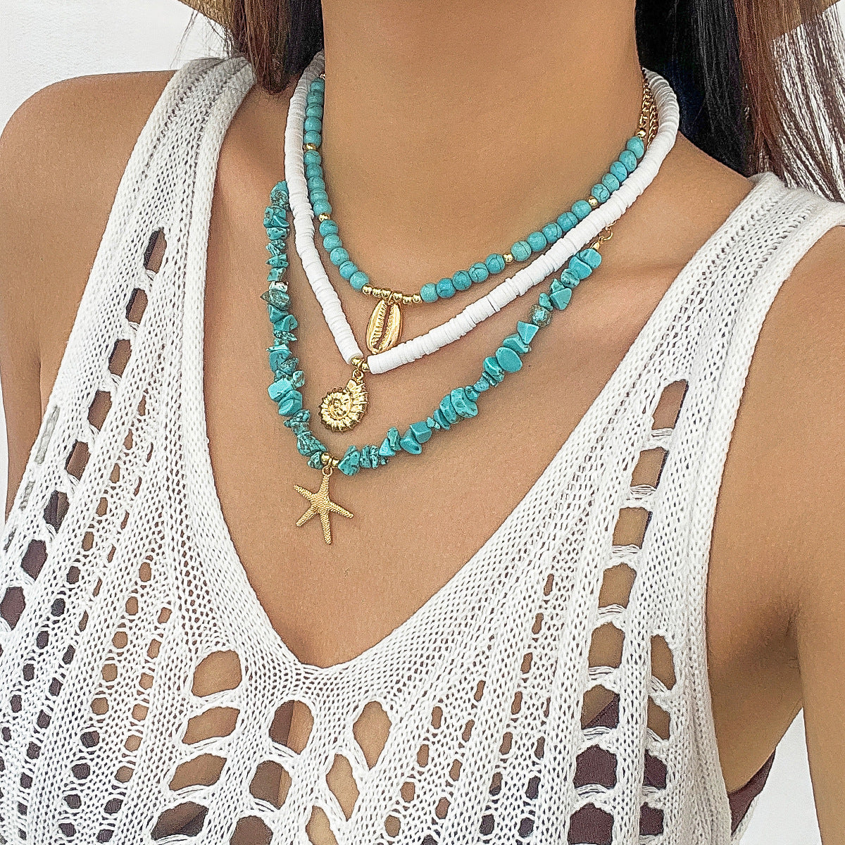 🐚 Necklace + Multi-Layer Shell & Turquoise Beaded Necklace – Ocean Vibe